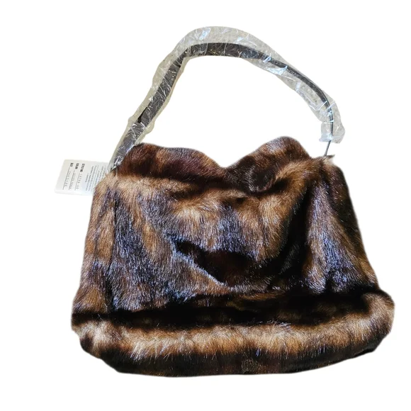 Terry Lewis Vintage Faux Mink Bauette Leather Strap Shoulder Bag Brown Black - Picture 4 of 7